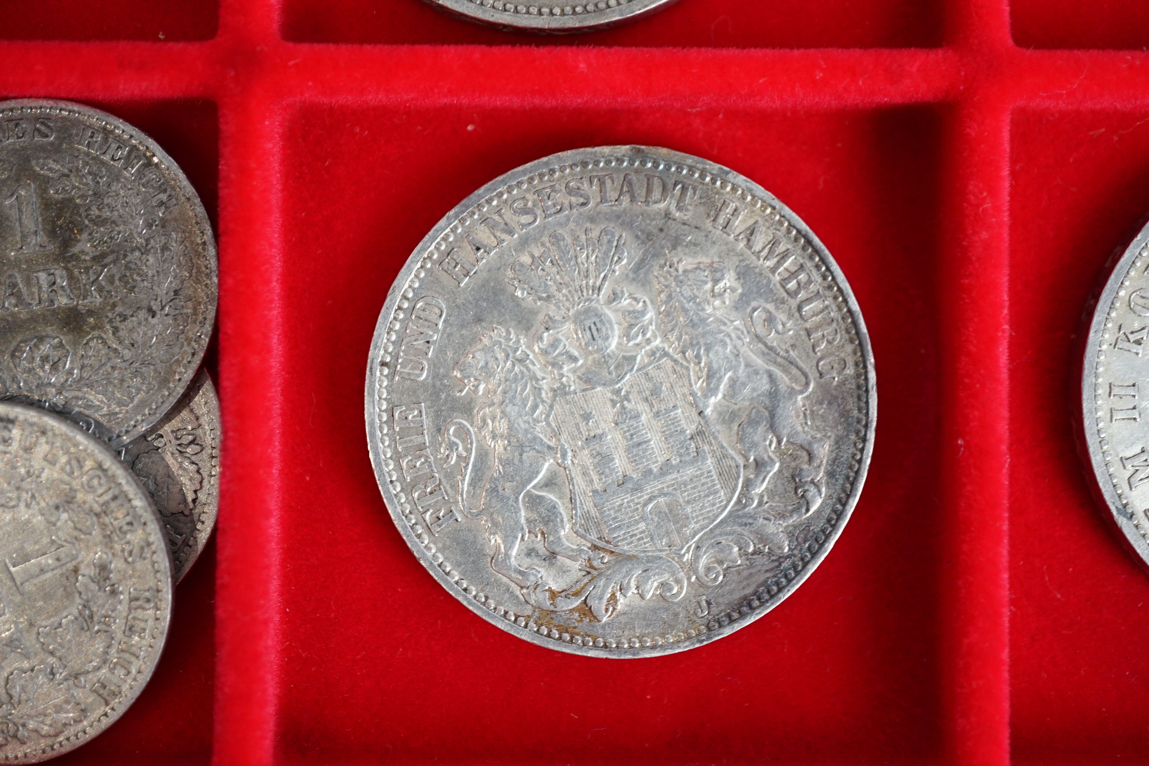 German states, silver coins, including Kingdom of Prussia, 3 mark coins, 1908A, VF, two 1909A, VF, 1910A, VF, Kingdom of Württemberg 3 mark coins, two 1912F, VF, 1914F, good VF, Grand Duchy of Baden, 3 mark, 1914G, VF, f
